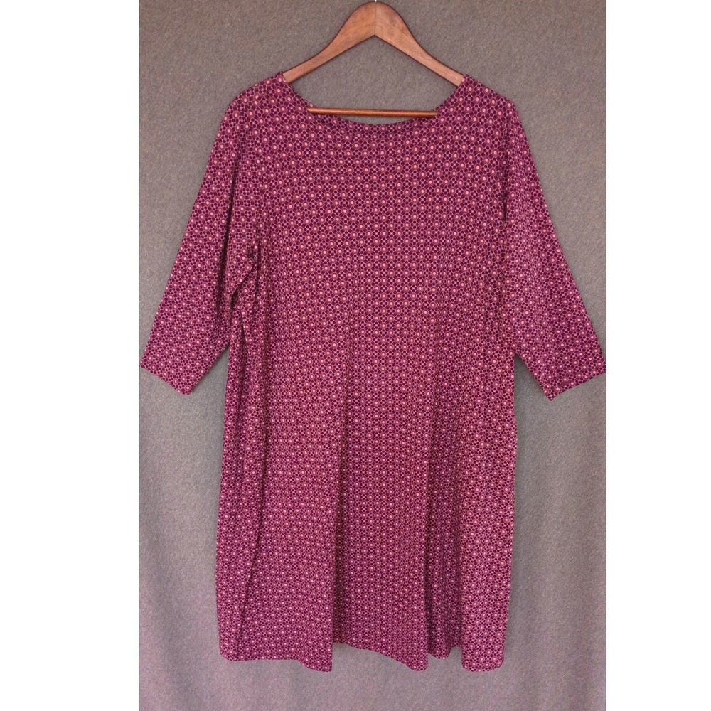 J. Jill Wearever Purple Geometric Print 3/4 Sleeve Jersey Shift Dress XL Pockets